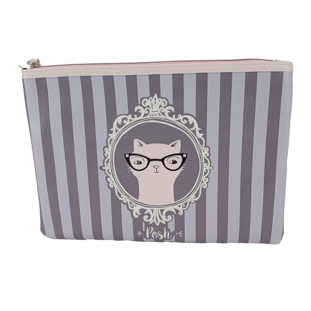Mixit Posh Makeup Bag Pouch 11.5 x 8" Zippered Vinyl Cat Feline Striped Grey GUC